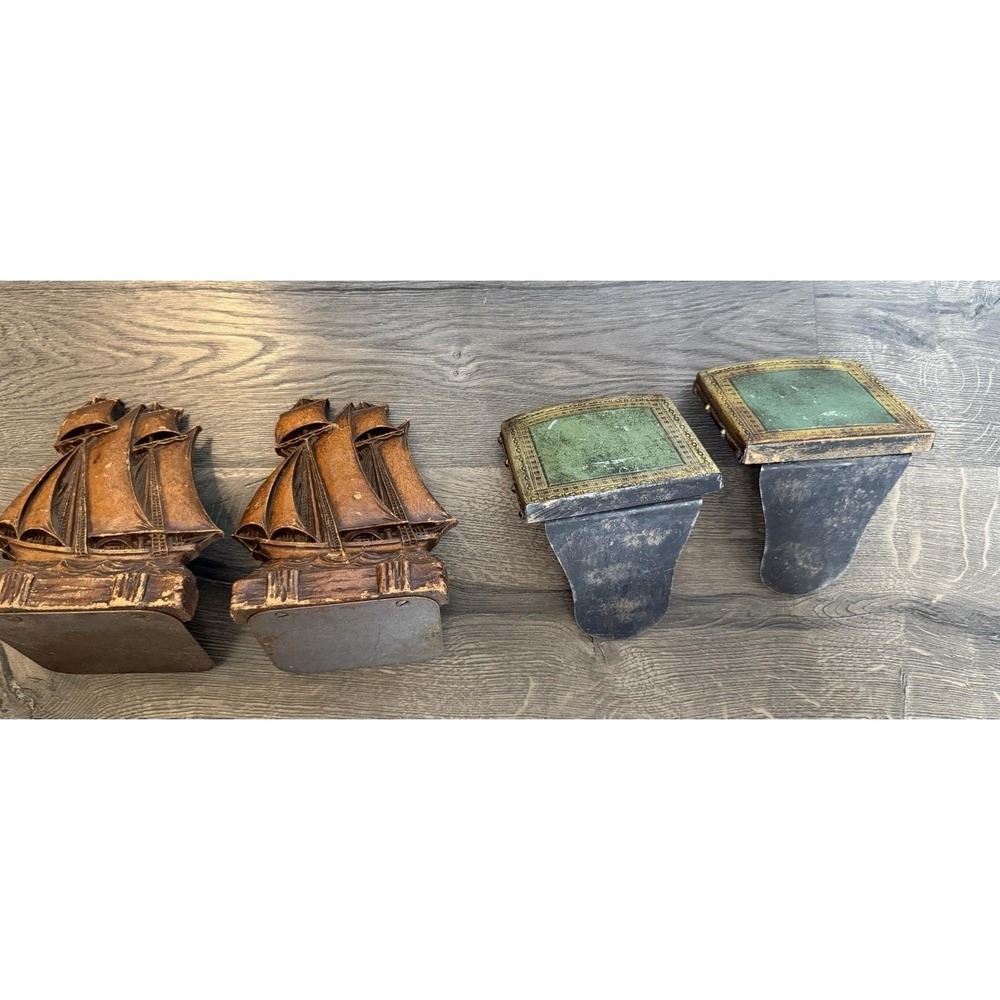 2 Sets Of Book Ends, MCM Sailing Ship Wood Nautical, Square Turquoise Set